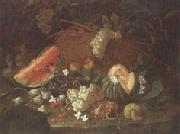 unknow artist Still life of a watermelon,red and white grapes,figs,cherries,mushrooms,a melon,and a basket with vine-leaves,upon a ledge painting